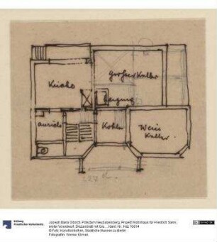 Potsdam Neubabelsberg, Projekt Wohnhaus für Friedrich Sarre, erster Vorentwurf, Skizzenblatt mit Grundriss des Kellergeschosses