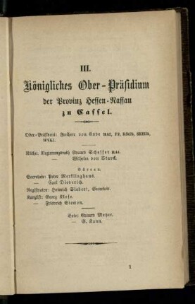 Königliches Ober-Präsidium der Provinz Hessen-Nassau zu Cassel