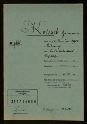 Kolesch, Hermann * 14.01.1905