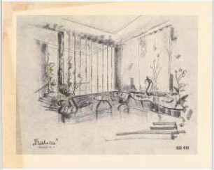 Wohnhausgruppe im sozialen Wohnungsbau Schinkelwettbewerb 1954: Perspektivische Innenansicht der Klubhalle Raum 10