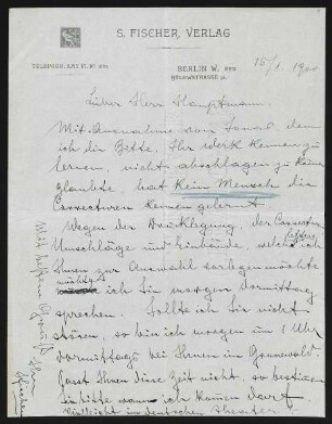 Brief von Samuel Fischer von S.-Fischer-Verlag  an Gerhart Hauptmann