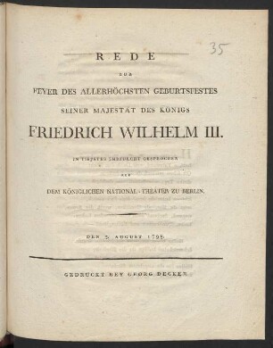 Rede Zur Feyer Des Allerhöchsten Geburtsfestes Seiner Majestät Des Königs Friedrich Wilhelm III.