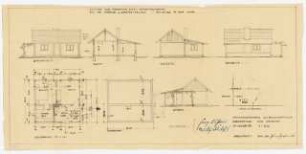 Notstandhaus für Familie Sufried-Felisch, Kolberg: Ansichten, Schnitt, Grundrisse EG und Fundament M 1:100, Lageplan M 1:1000