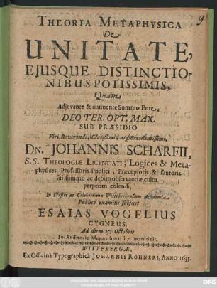 Theoria Metaphysica De Unitate, Eiusque Distinctionibus Potissimis