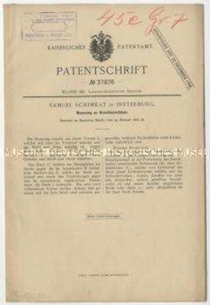 Patentschrift einer Neuerung an Dreschmaschinen, Patent-Nr. 37876