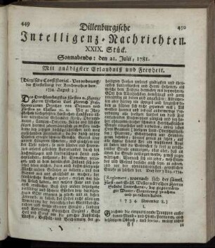 XXIX. Stück. Sonnabends: den 21. Julii 1781.