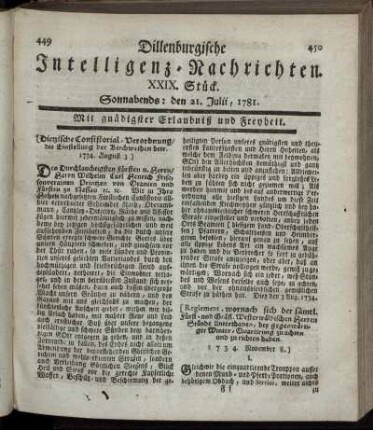 XXIX. Stück. Sonnabends: den 21. Julii 1781.