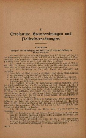 II. Ortsstatute, Steuerordnungen und Polizeiverordnungen