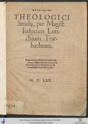 EPINIKION. THEOLOGICI Studij, per Magistrum Iodocum Lorichium Trarbachium