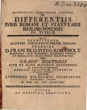 Dissertatio Inauguralis Iuridica De Differentiis Iuris Romani Et Statutarii Heilbronnensis In Tutelis