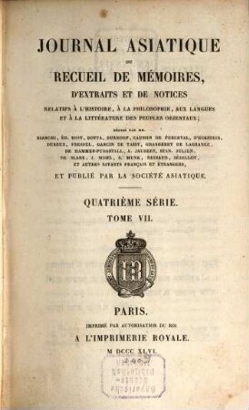 Journal asiatique : périodique semestriel. 7. 1846