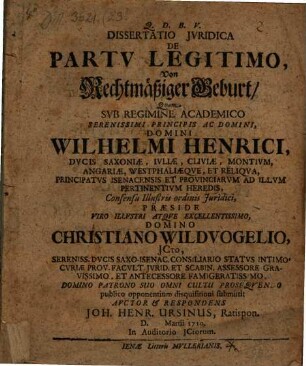 Dissertatio Jvridica De Partv Legitimo : = Von Rechtmäßiger Geburt