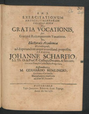 Exercitationum Anti-Calvinianarum Vigesima Sexta De Gratia Vocationis, sive Gratiosa Redemptorum Vocatione