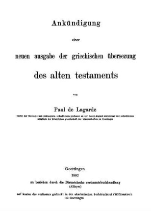 Ankündigung einer neuen Ausgabe der griechischen Übersezung des alten Testaments