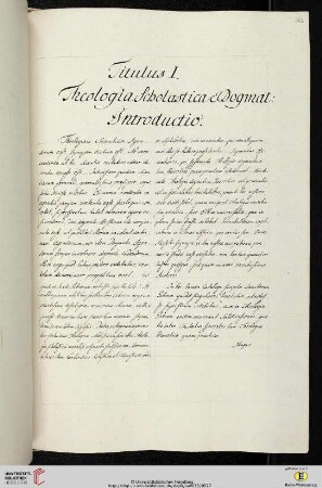 Einleitung des ersten Titulus (der Classis III Theologica): Theologia Scholastica et Dogmatica