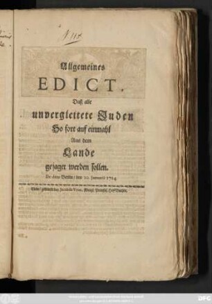 Allgemeines Edict, Daß alle unvergleitete Juden So fort auf einmahl Aus dem Lande gejagt werden sollen : De dato Berlin, den 10. Januarii 1724.