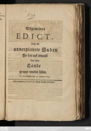 Allgemeines Edict, Daß alle unvergleitete Juden So fort auf einmahl Aus dem Lande gejagt werden sollen : De dato Berlin, den 10. Januarii 1724.