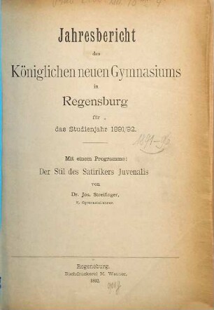 Jahresbericht : für das Schuljahr .... 1891/92