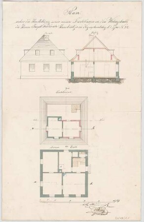 Thiersch, August ; München - Nymphenburg, Zuccalistr. 4; Privathaus, Ausbau - Grundriss EG, Grundriss DG, Ansicht, Schnitt