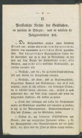 II. Persönliche Rechte der Geistlichen, in wiefern sie Bürger, und in wiefern sie Religionslehrer sind