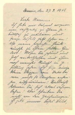 Eigenhändiger Brief von Margarete Zille m.e.U. an Marianne Zöllner betr. Geburtstagsgrüße an Marianne, Zusendung "kleine[r] Skizzen vom Vater", "Denkmals-Aufstellung" Heinrich Zille und Gesundheitsprobleme von Margarete