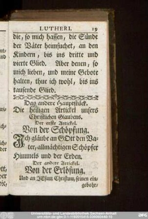 Das andere Hauptstück. Die heiligen Artickel unsers Christlichen Glaubens.