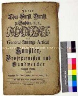 Mandat von Friedrich August III. Kurfürst von Sachsen betreff Organisation der Lehre bei Zünften und Innungen