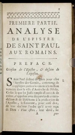 Premiere Partie. Analyse De L'Epistre De Saint Paul Aux Romains.