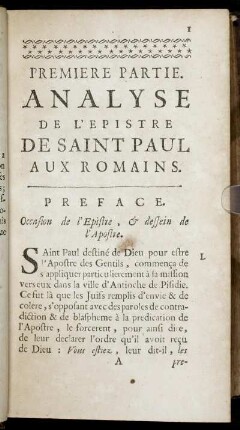 Premiere Partie. Analyse De L'Epistre De Saint Paul Aux Romains.