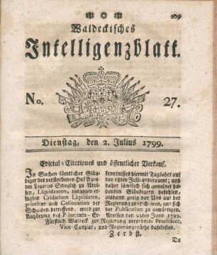 No. 27, Dienstag, den 2. Julius 1799