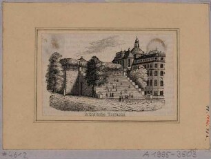 Blick auf die Treppe der Brühlschen Terrasse, mit dem Fürstenbergischen Haus (Finanzhaus) und dem Palais Brühl (um 1900 für Ständehaus abgerissen)