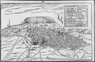 Stadtansicht von Annaberg Buchholz (Erzgebirge). Aus: Jenisch (jenisius), Paul: Annaberger Misniae urbis historia, Dresden 1605, S. 76