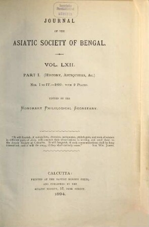 Journal of the Asiatic Society of Bengal. Part 1, History, antiquities, etc, 62. 1893 (1894), Part. 1