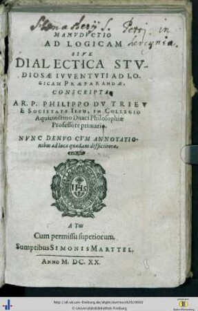 Manvdvctio Ad Logicam Sive Dialectica Stvdiosae Ivventvti Ad Logicam Praeparandae