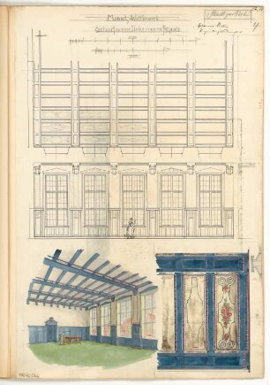 Festsaaldecke Monatskonkurrenz November 1908: Grundriss Decke (Ausschnitt), Aufriss Fensterwandansicht, weitere Wand (Ausschnitt); perspektivische Ansicht; 2 Maßstabsleisten