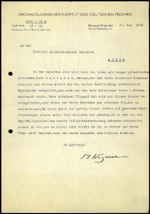 M. Wegner an DAI Athen
