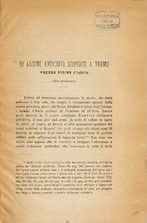 Di alcune antichità scoperte a Vermo presso Pisino d'Istria : (Nota preliminare)
