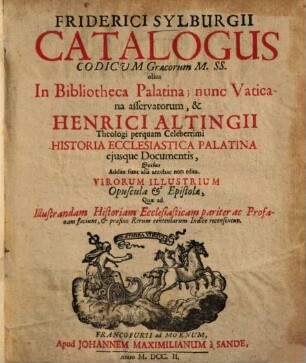 Catalogus codicum Graecorum mss. olim in Bibliotheca Palatina, nunc Vaticana asservatorum