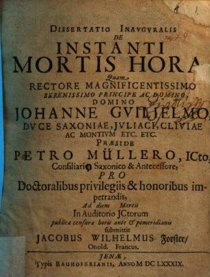 Dissertatio inauguralis de instanti mortis hora