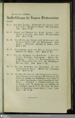 Von den bisher erschienenen Veröffentlichungen des Torgauer Altertumsvereins …