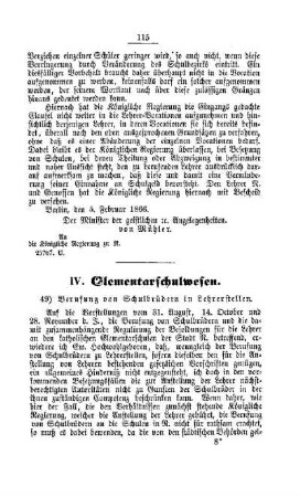 Berufung von Schulbrüdern in Lehrerstellen : [IV. Elementarschulwesen]