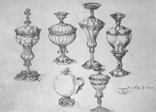 Sechs Deckelpokale : Dresdner Skizzenbuch (1507/1528). Sechs Deckelpokale (aus: R. Bruck: Das Skizzenbuch von Albrecht Dürer, Straßburg 1905, Tafel 156, Blatt 193, Str. 162, Kriegsverlust). Dresden: SLUB Mscr.Dresd.R.147.f