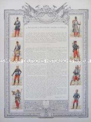 Uniformdarstellung, Uniformen von Soldaten des 5. Bataillons der Afrikanischen Leichten Infanterie und Zeittafel von Schlachten und Belagerungen mit Beteiligung dieses Bataillons bzw. seiner Vorläufer, Frankreich, 1833-1894.