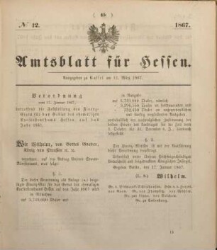 № 12. Ausgegeben zu Cassel am 11. März 1867.