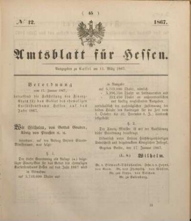 № 12. Ausgegeben zu Cassel am 11. März 1867.