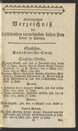 Genealogisches Verzeichnis der jetztlebenden vornehmsten hohen Personen in Europa