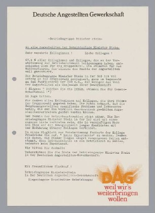 "An alle Angestellten der Schachtanlage Minister Stein."