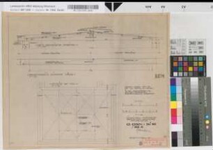 Wiederaufbau des Empfangsgebäudes [Bahnhof] Oberhausen-Sterkrade, Blatt~11: Stahldachbinder: Grundriß, Ansicht, M.~1:50 und M.~1:20 Hge, Sknr.: 2, Fanr.: 7, Bunr.: 23