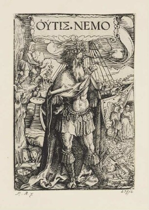 Nemo in römischer Feldherrntracht, Titelblatt aus: Ulrich von Hutten, "Outis = Nemo", Augsburg 1518