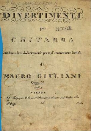 Divertimenti per chitarra : contenenti, in dodeci piccioli pezzi, d'una mediocre facilità ; opera 37, 2